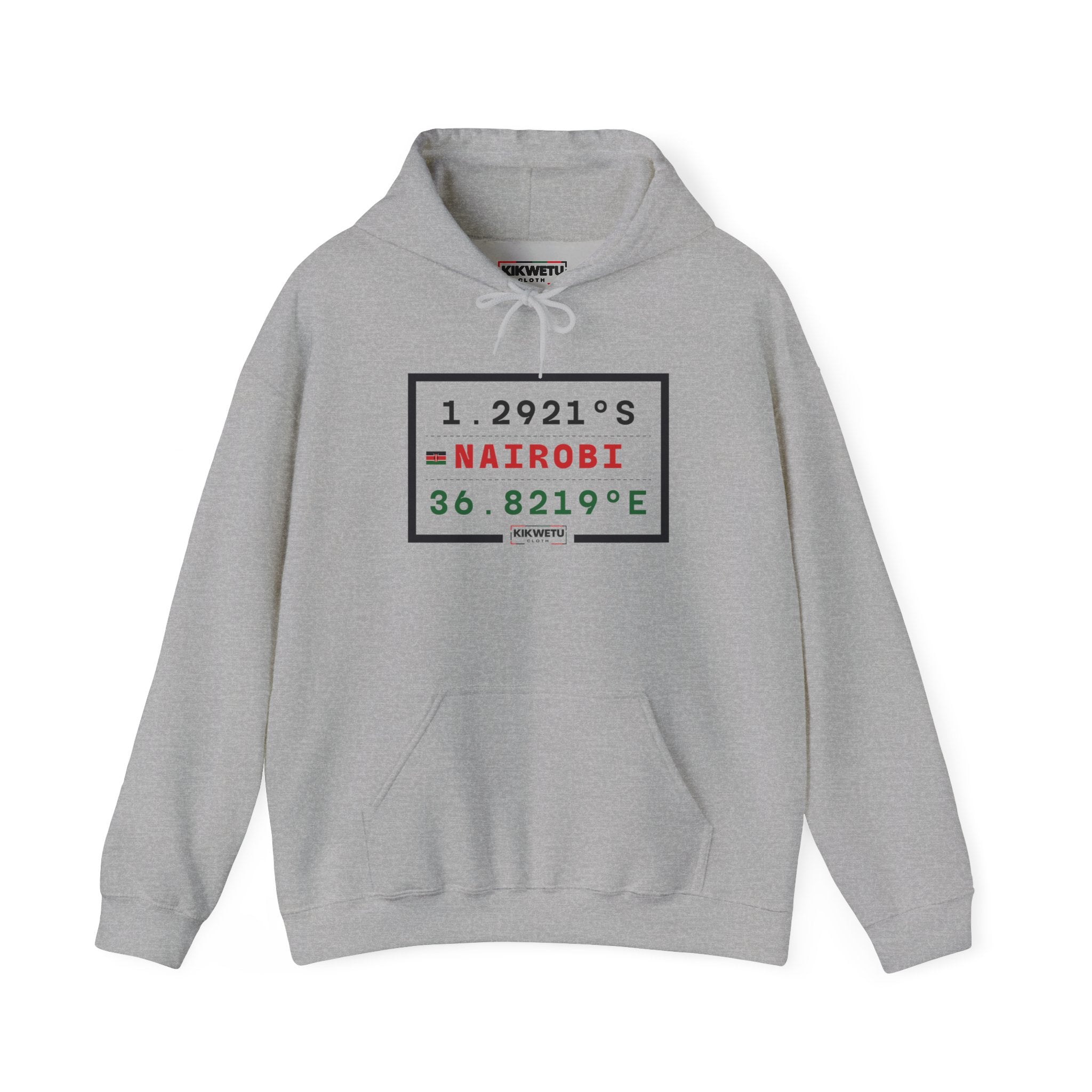 Nairobi Coordinates Hoodie — Minimal Travel Sweatshirt with 1.2921S 36.8219E Design